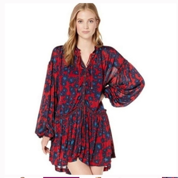 Free People Red and Blue Bishop Sleeve Sundress Merlot love letter combo small S - Picture 2 of 16